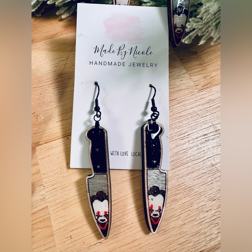 Hand Crafted Black and Red Artistic Knife Earrings